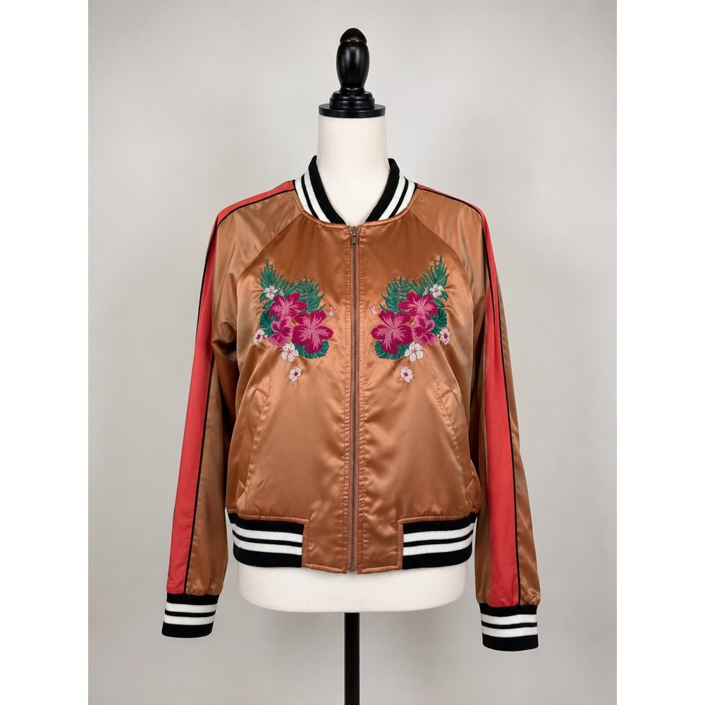 Mossimo Supply Co Womens Floral Embroidered Satin Bomber Jacket Copper Pink M